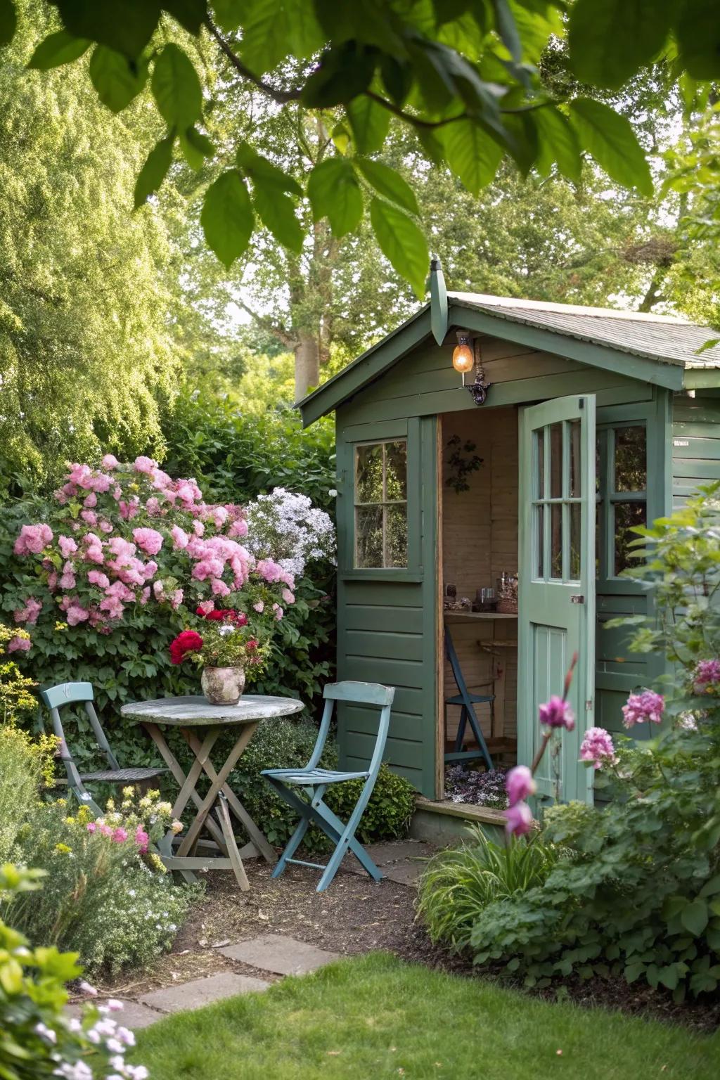 A garden shed turned into a charming garden cafe.