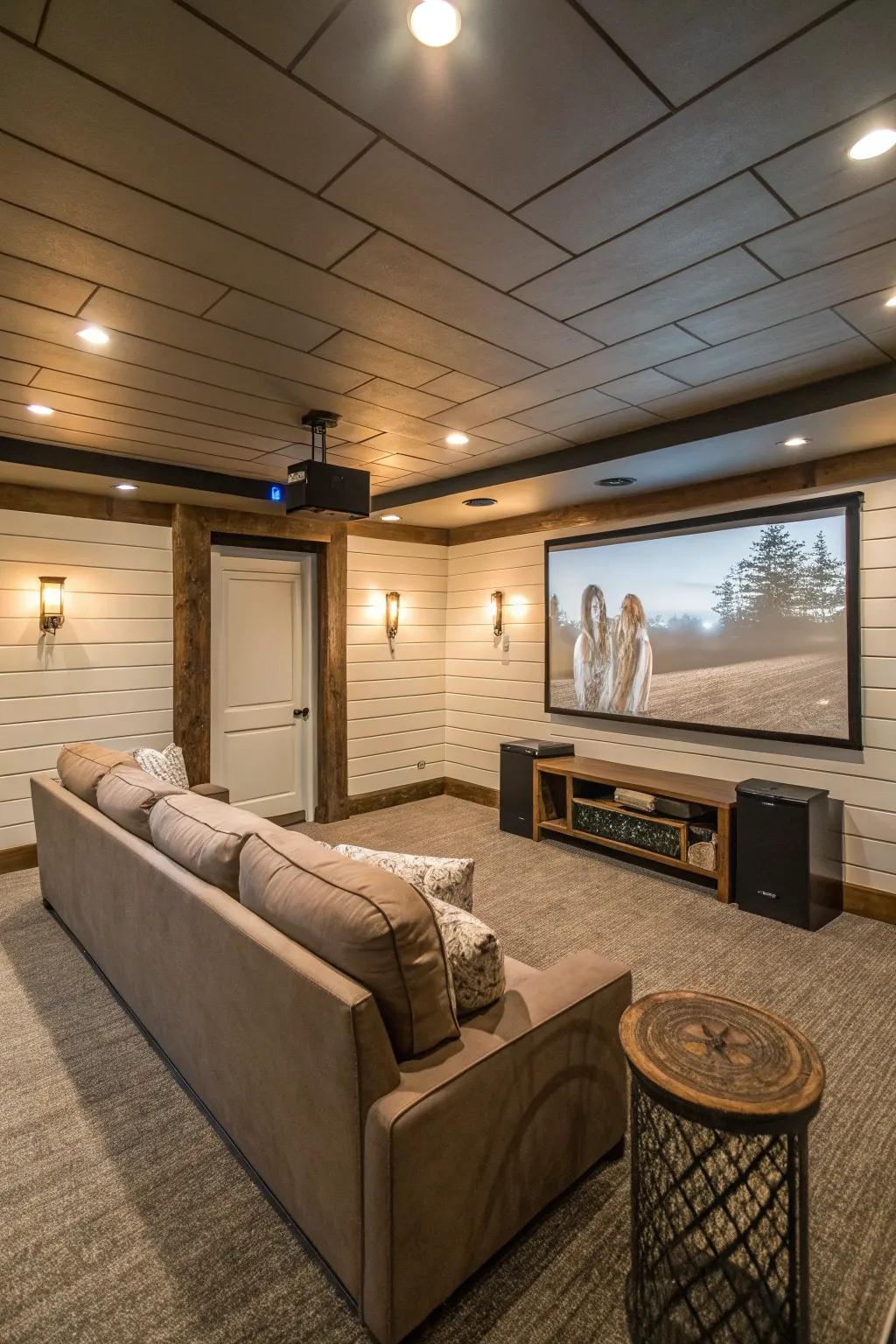 A home theater in the basement with shiplap walls and plush seating.