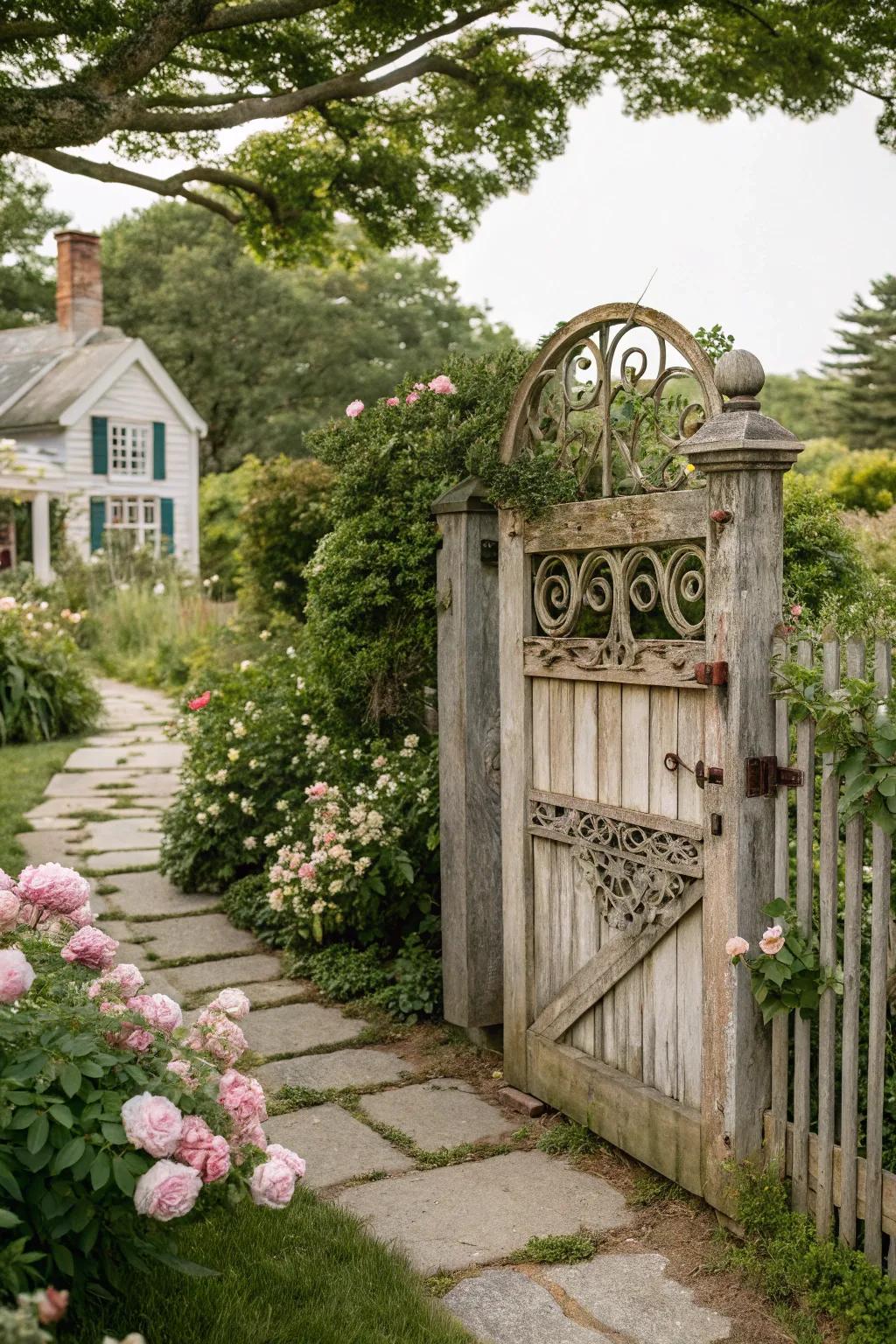 A vintage gate that adds character to the garden.