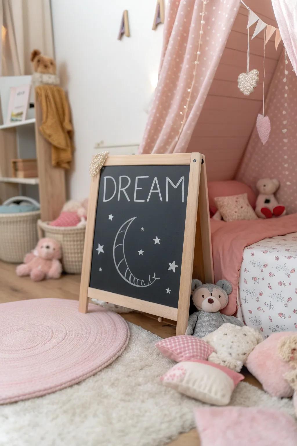 Child's bedroom chalkboard with a dream-themed quote.