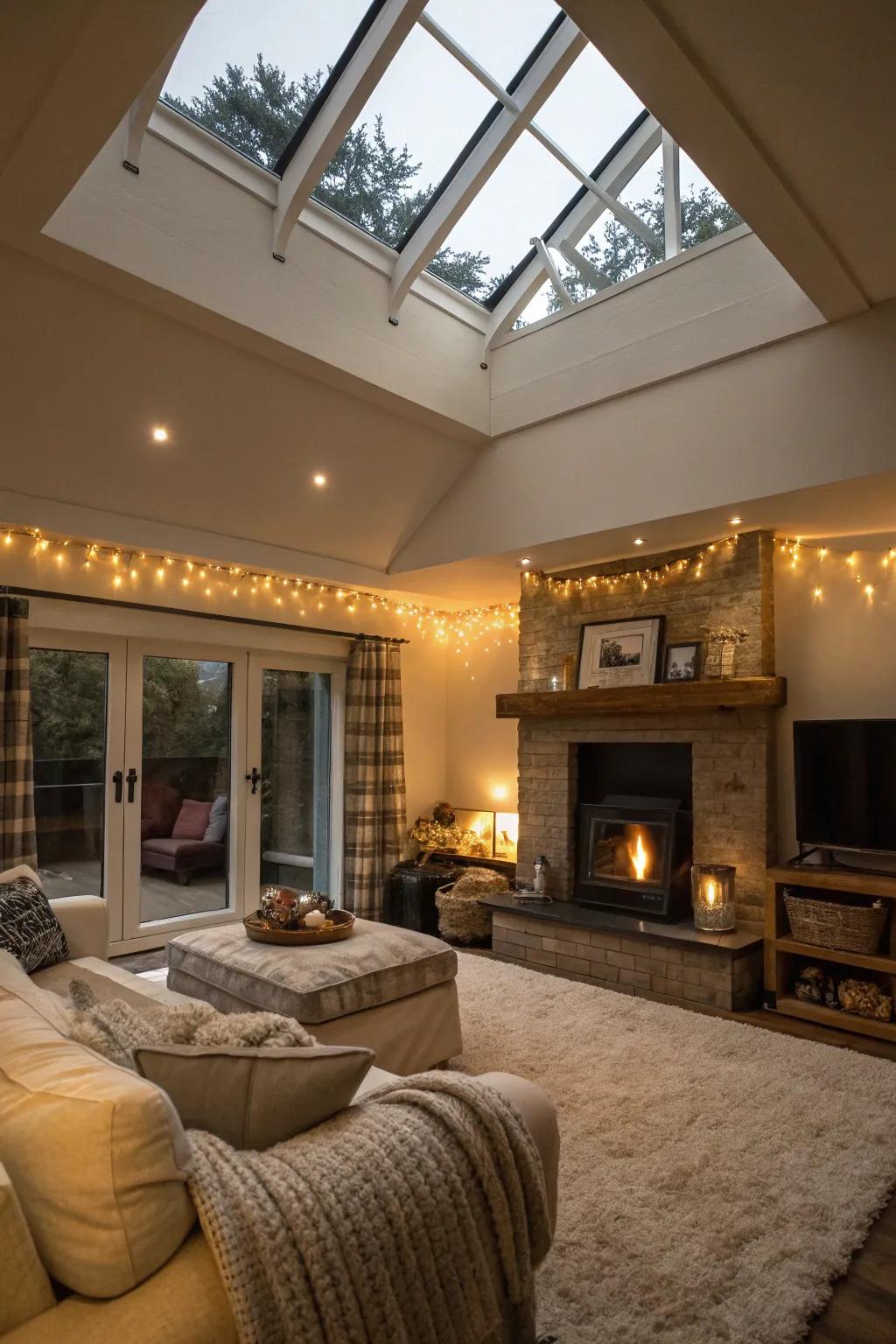 A cozy living room with a blend of natural and warm lighting.