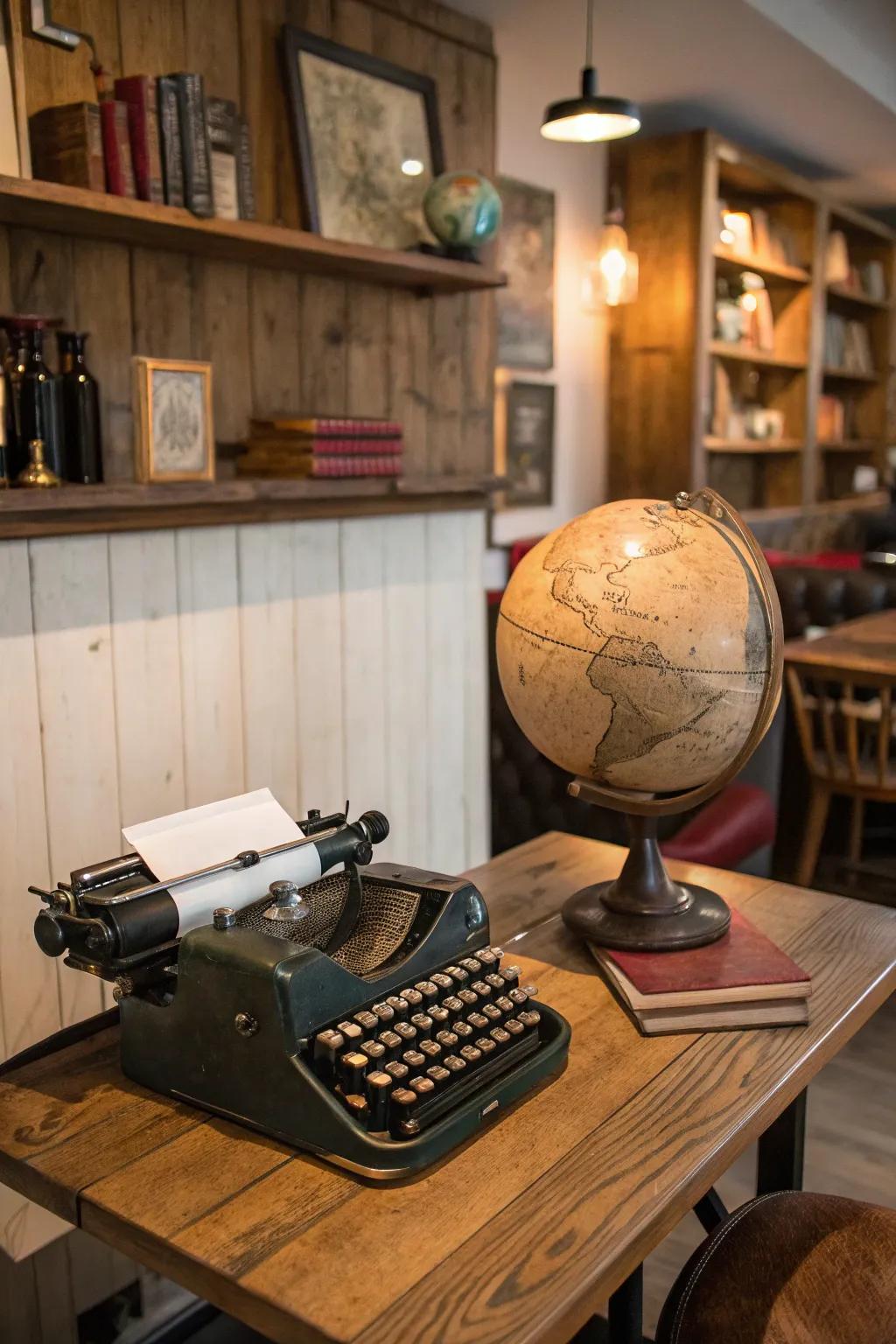 Vintage typewriter and old globe as unique conversation starters