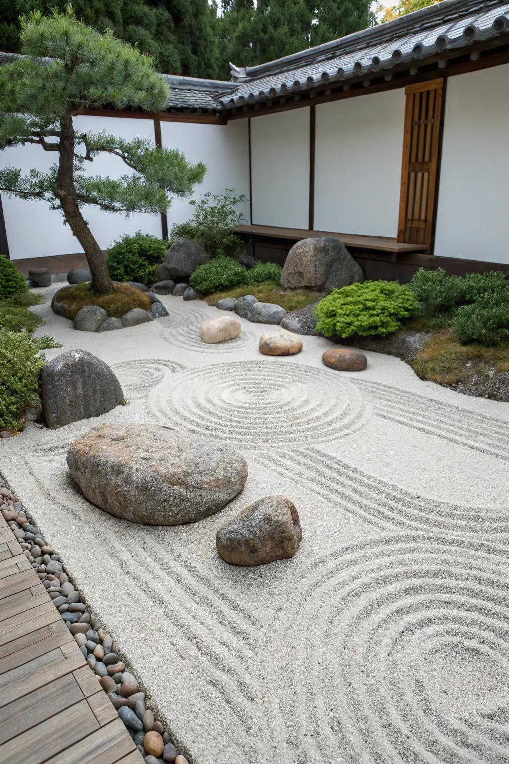 A minimalist zen garden featuring rocks and patterned sand for a simple, calming design.