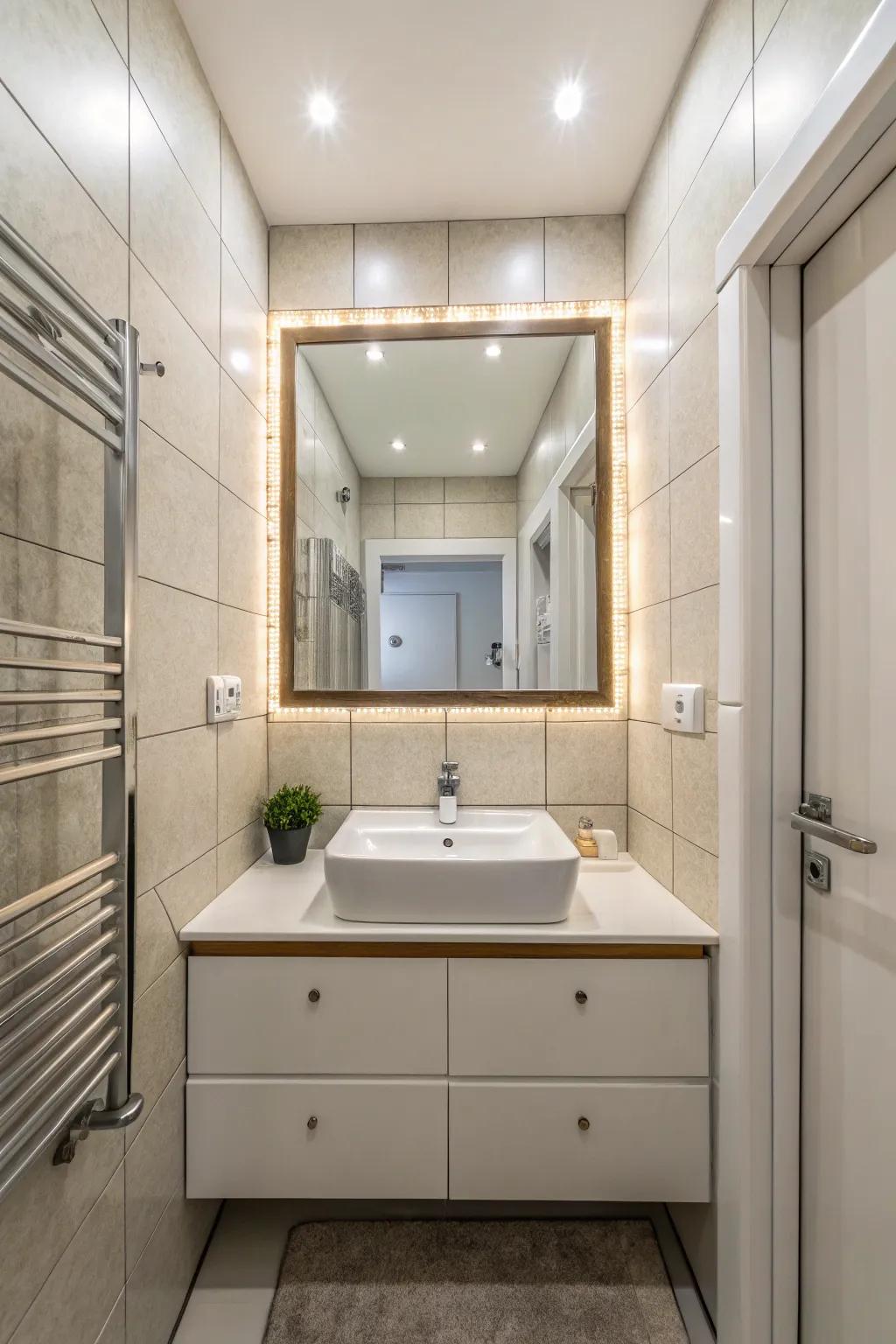 Large mirrors enhance light and create depth in small bathrooms.