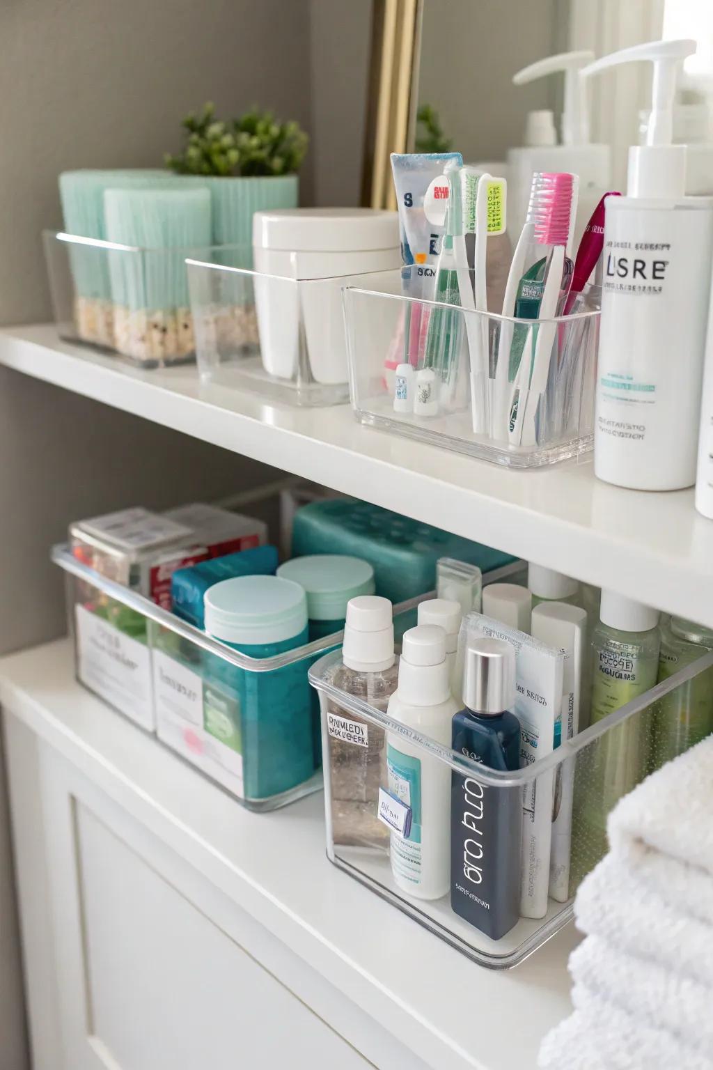 Clear containers keep essentials visible and tidy.