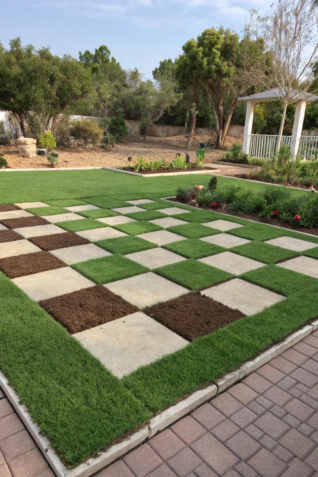 An engaging checkerboard pattern using artificial grass.