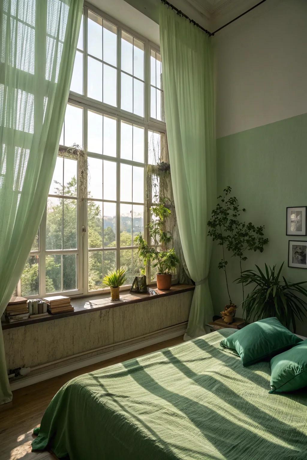 Natural light enhances the vibrancy of a green bedroom.