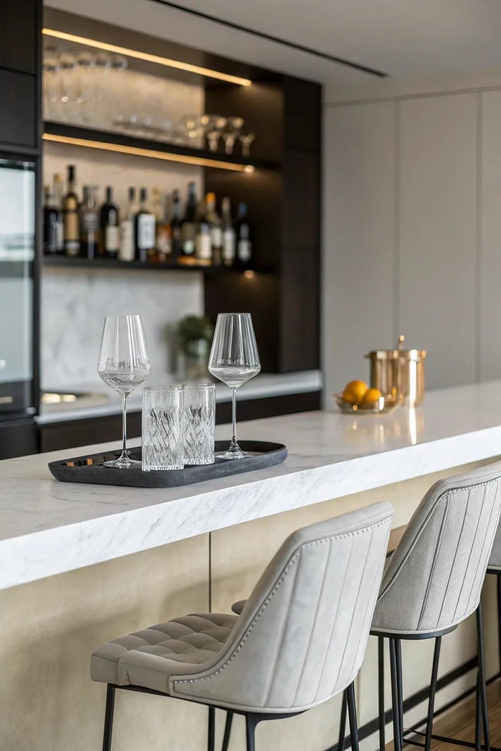 A minimalist design creates a calm and contemporary home bar environment.