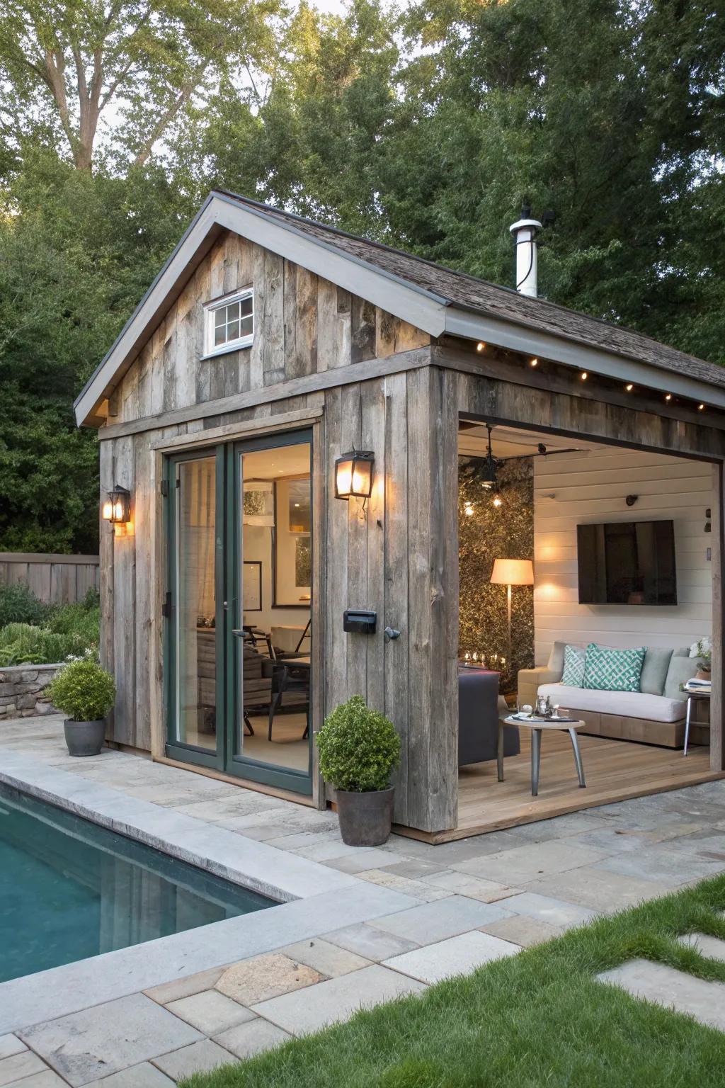 Rustic charm meets modern elegance in this pool house design.