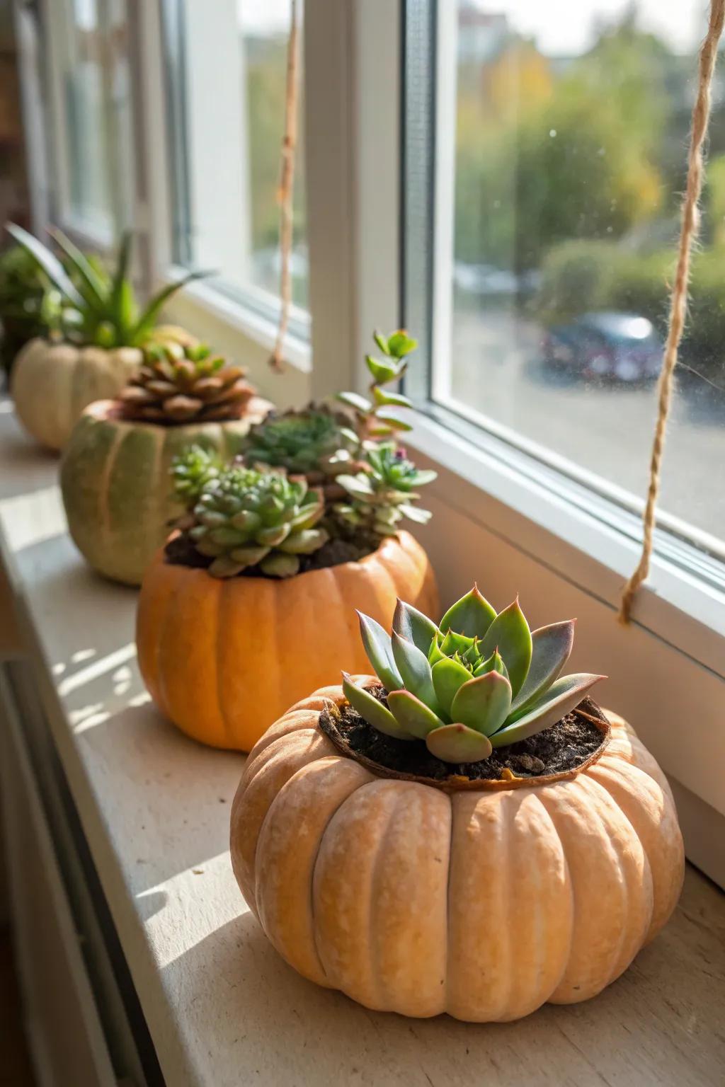 Succulent-filled pumpkins bring a touch of greenery to fall decor.