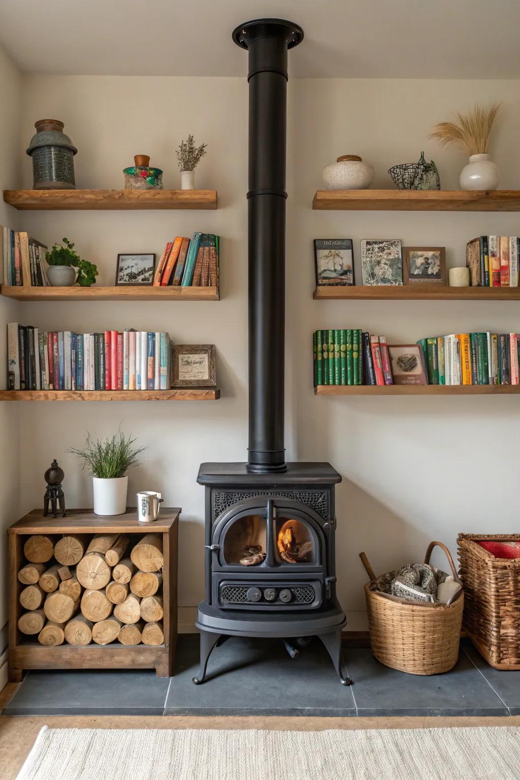 Floating shelves provide space-saving display options around a wood stove.