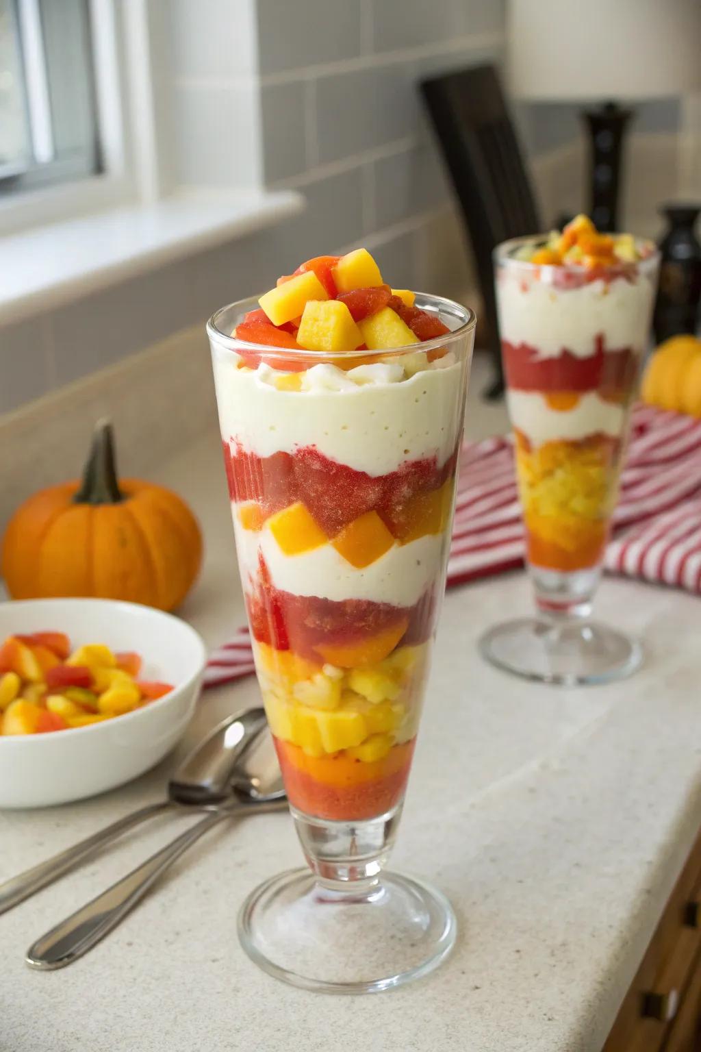 Candy corn fruit parfait offering a healthy, festive treat.