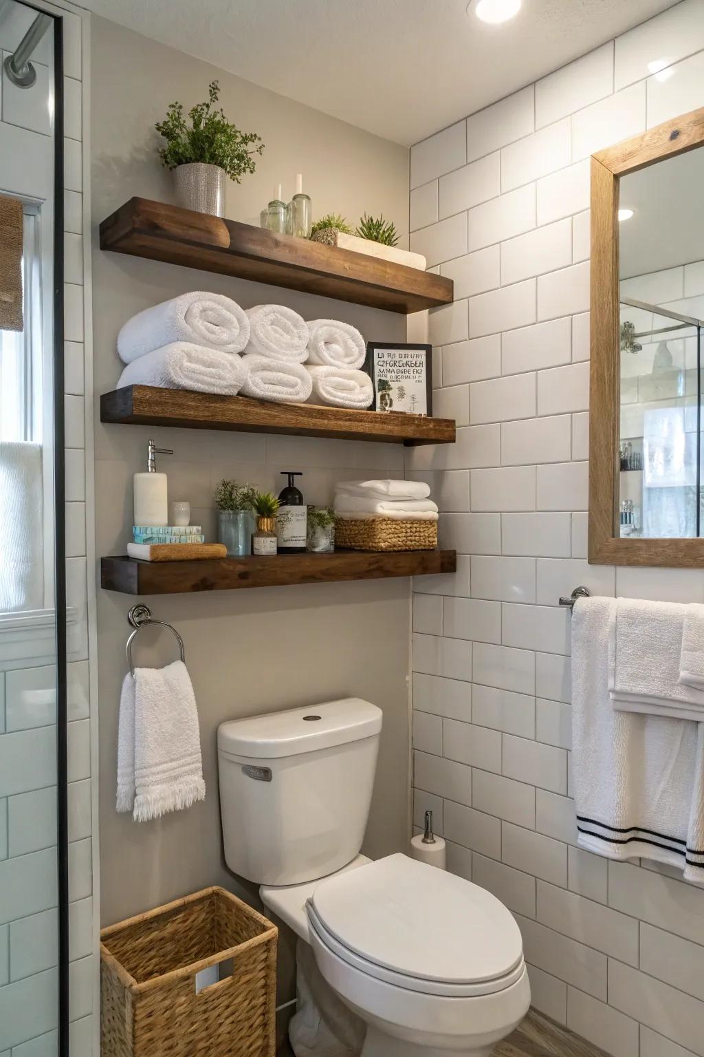 Practical bathroom storage with staggered shelves.