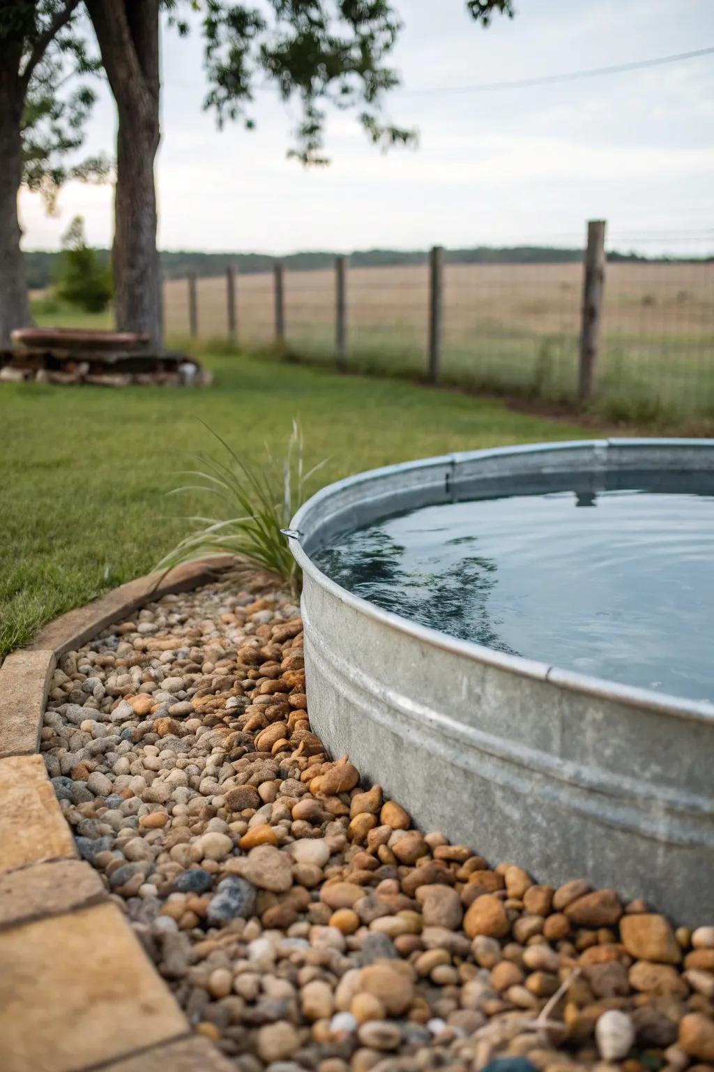 Gravel keeps the stock tank pool area clean and mud-free.