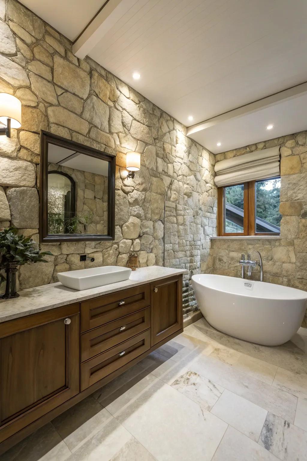 A bathroom featuring marble countertops alongside stone walls for an elegant look.