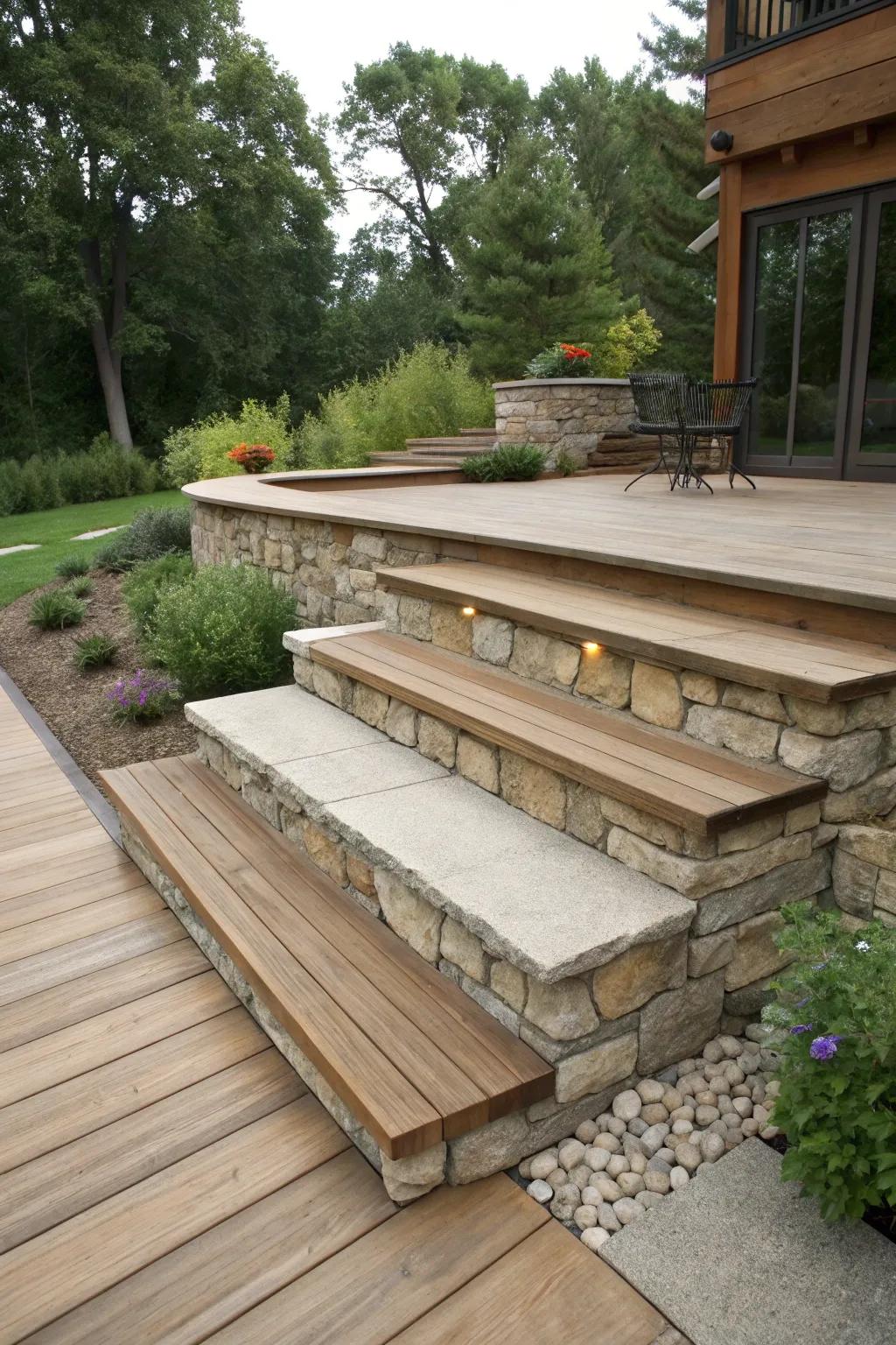 Stone steps beautifully incorporated into the overall skirting design of the deck.