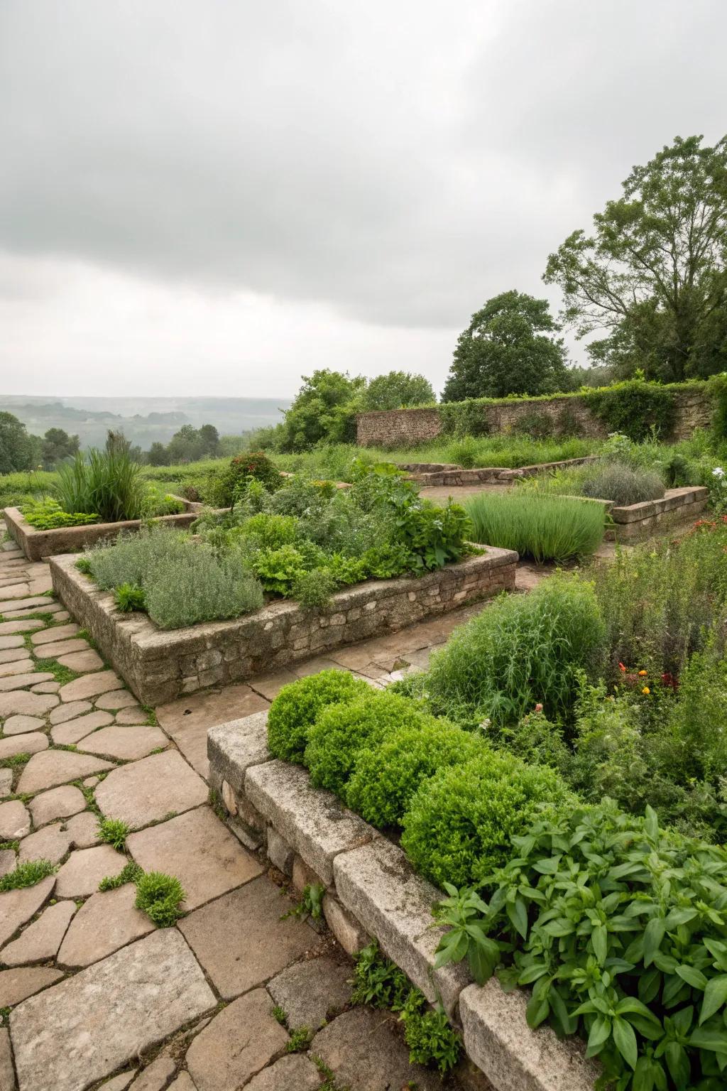 A thriving stone herb garden utilizing natural warmth.