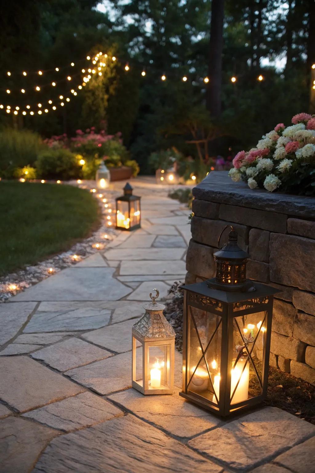 A stone patio with enchanting ambient lighting.