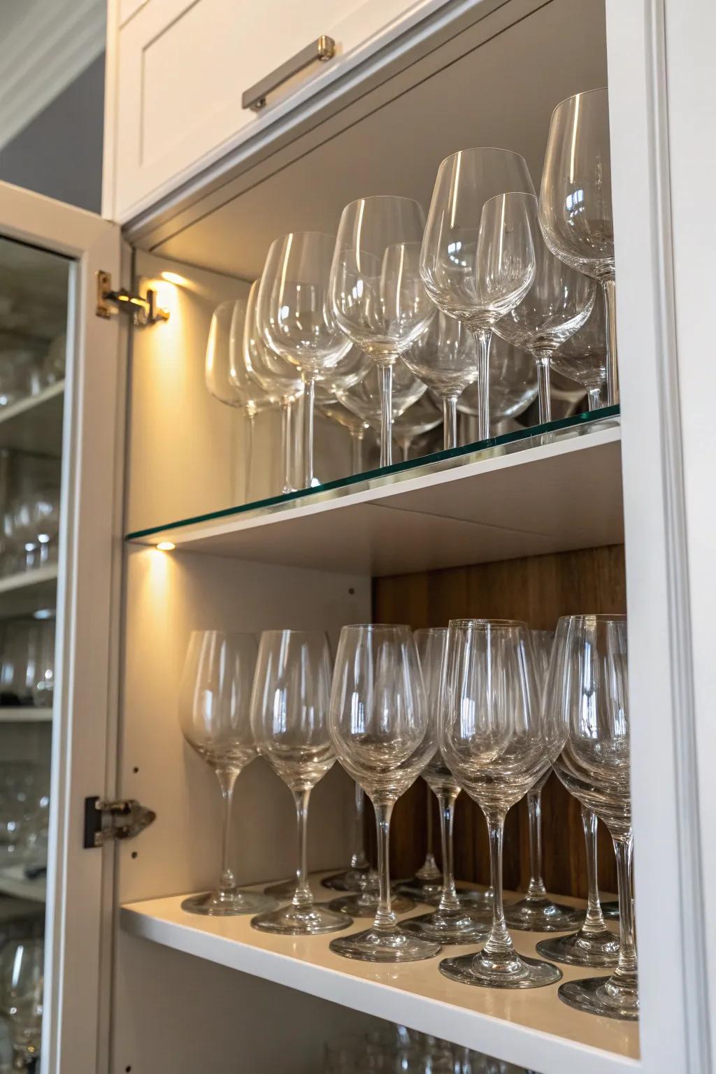 Nesting glasses is an ingenious way to maximize cabinet space.