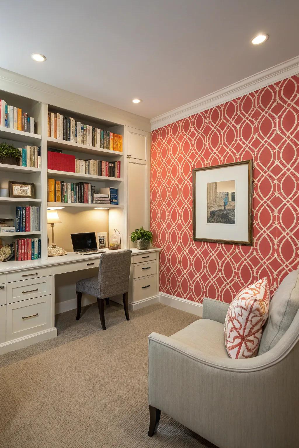 An accent wall adds a vibrant touch to the study room.