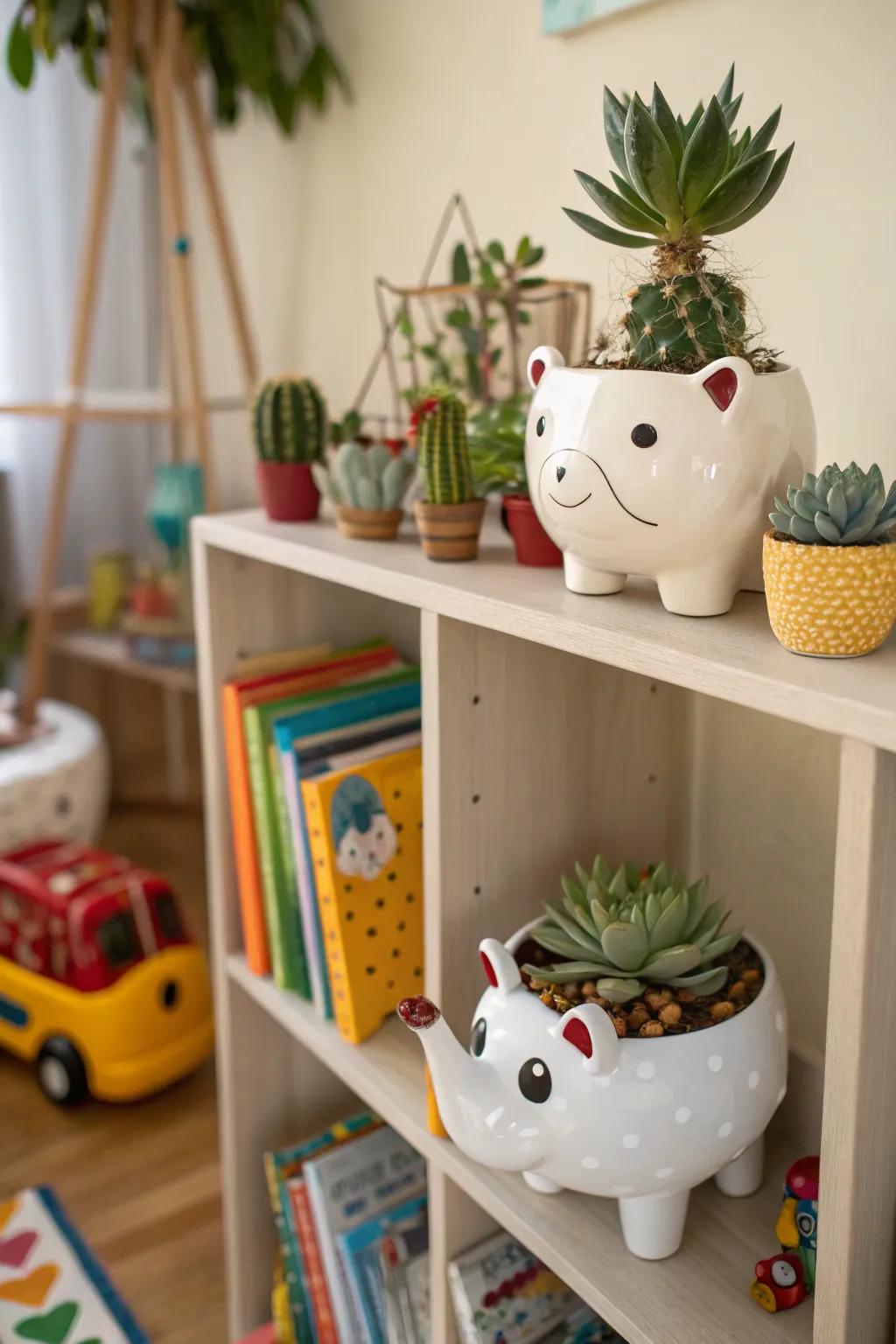 Whimsical ceramic animal planters for a playful display.