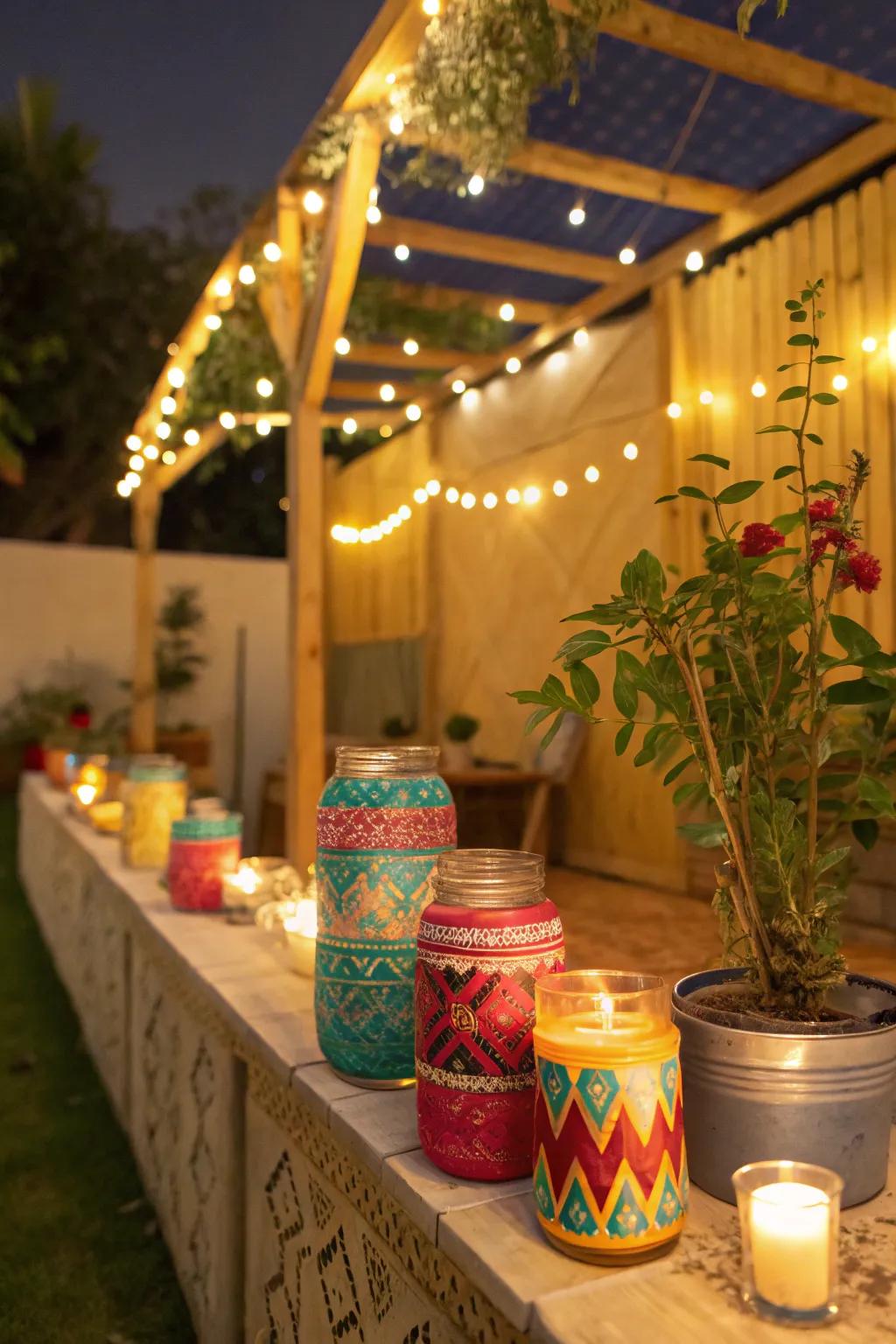 Charming DIY painted jars used as candle holders in a sukkah.