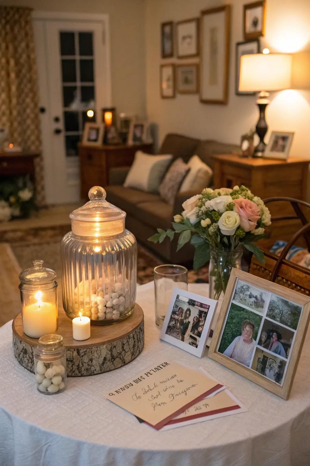 A memory jar invites guests to share heartfelt notes and memories.