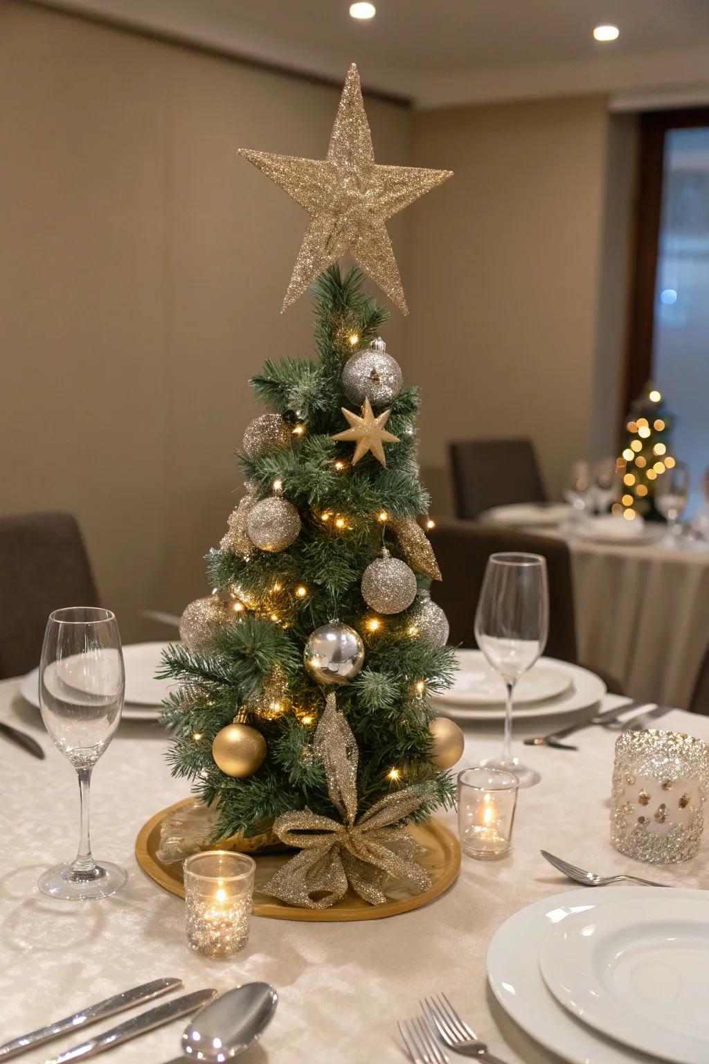 A celestial starry night themed tabletop Christmas tree.