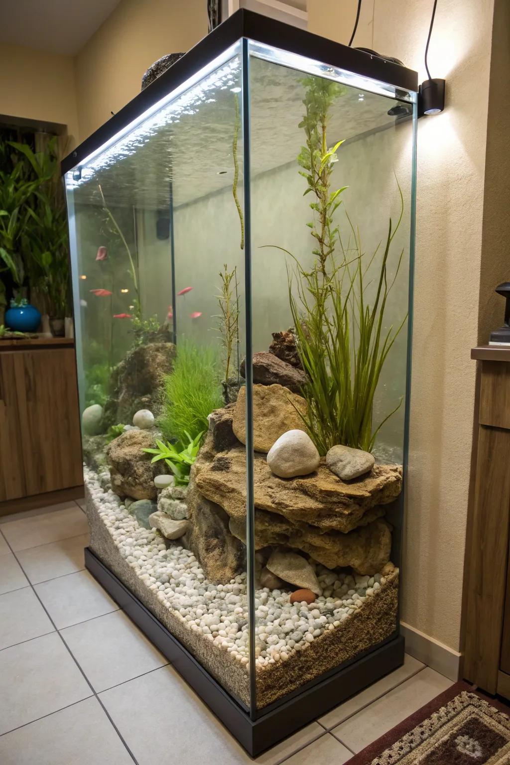 A naturalistic riverbed recreated within a tall aquarium.