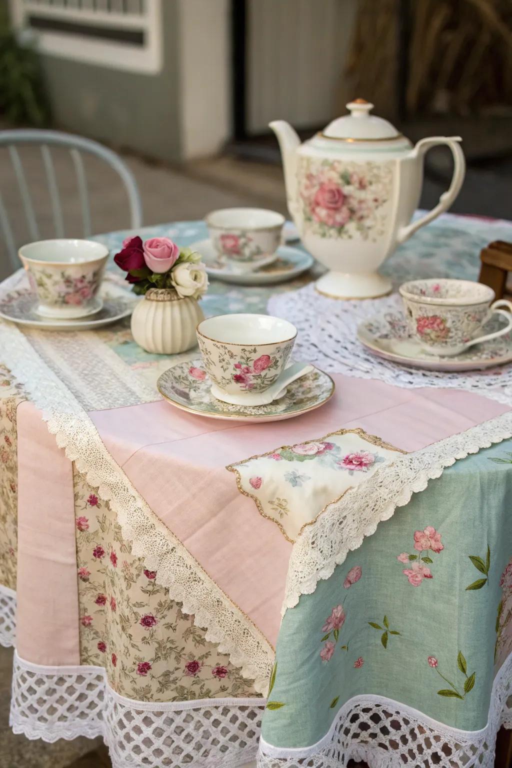 Layered textiles create a rich and inviting atmosphere for the tea party.