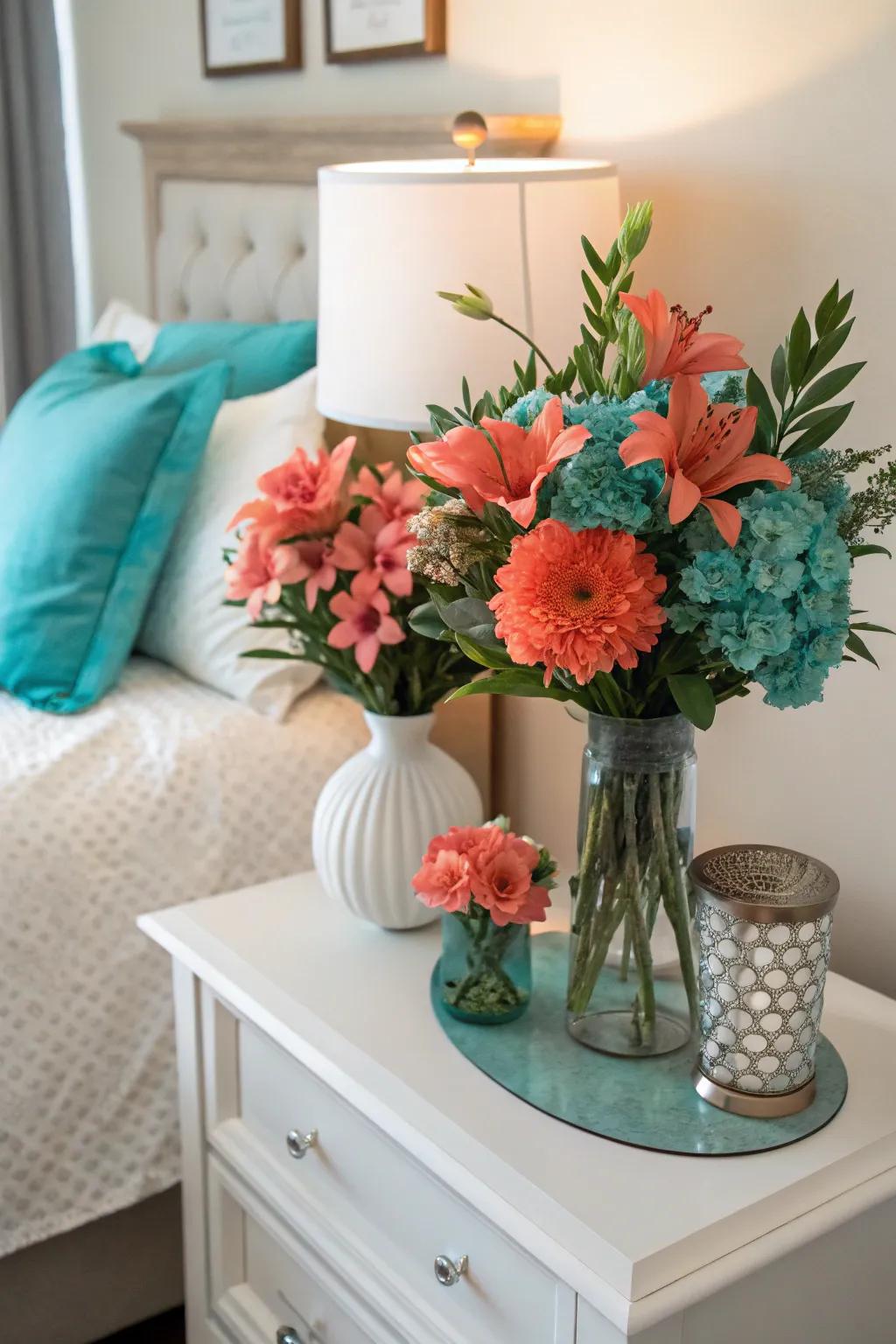 Floral arrangements in coral and teal adding freshness.