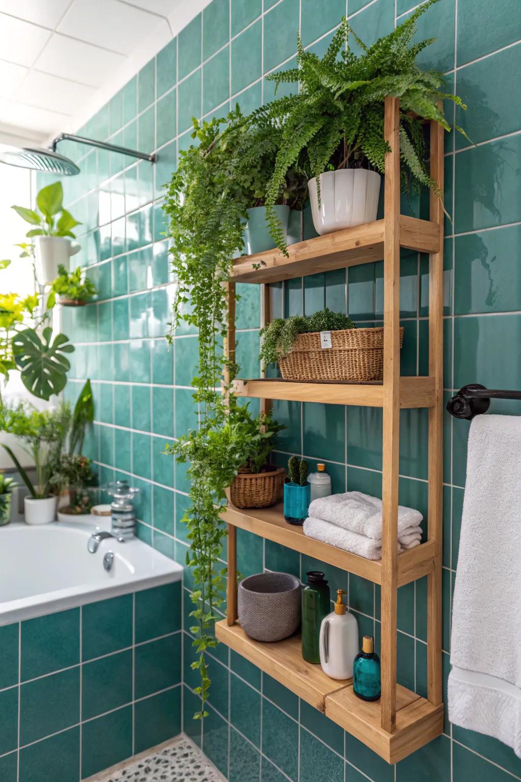 Nature-inspired decor complements the calming effect of teal tiles.