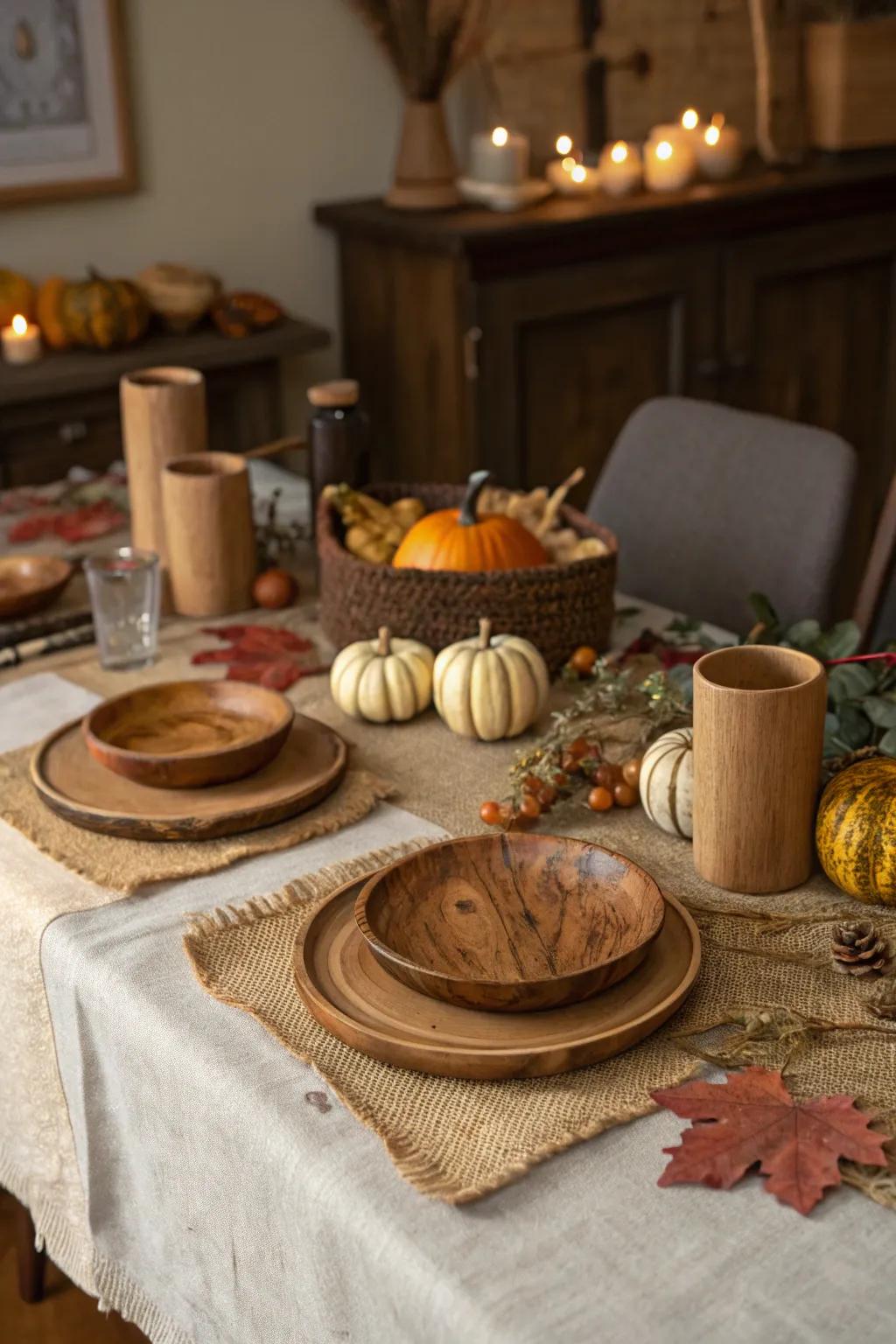 Earthy textures with wood and burlap for a grounded feel.