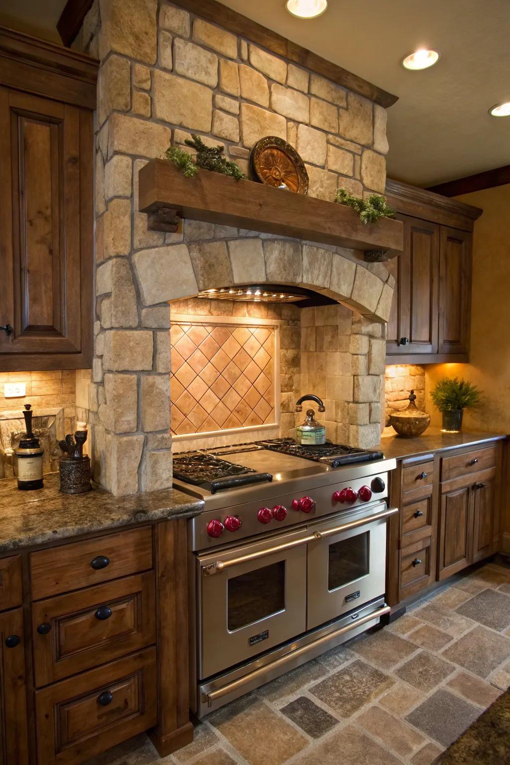 Stone tiles provide a rustic and inviting atmosphere.