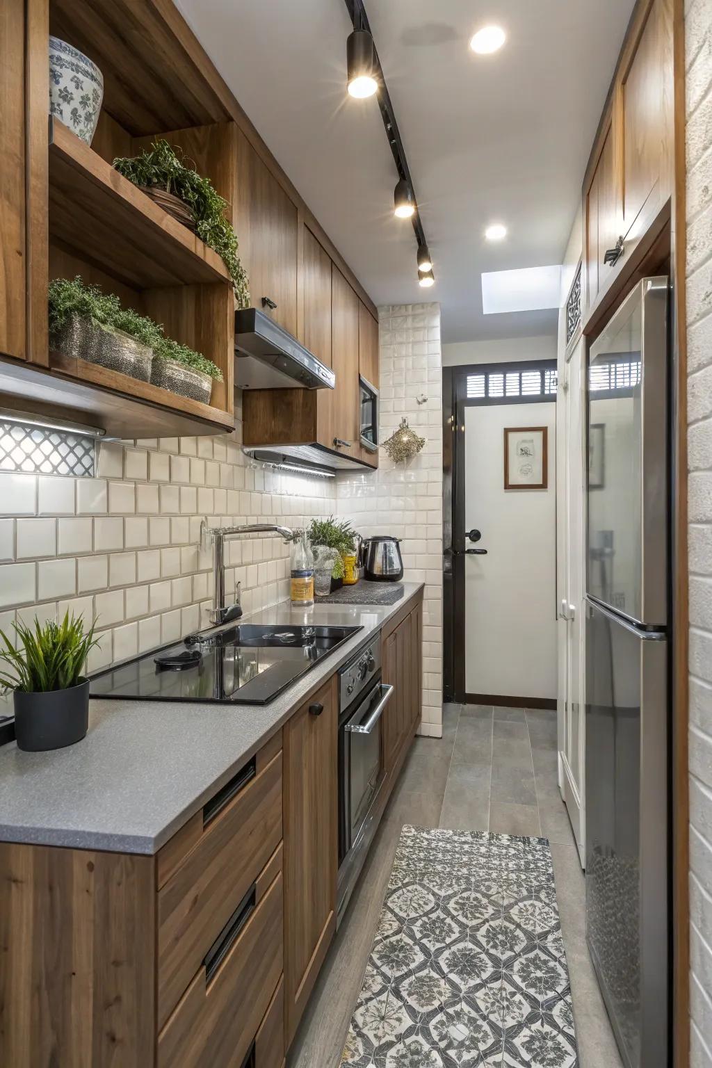 Mixing materials creates a modern and stylish look in a tiny kitchen.