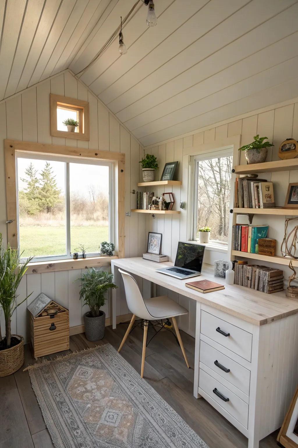 Light colors can visually expand your tiny office, offering a serene atmosphere.