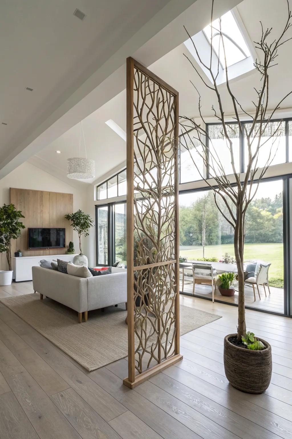 Natural room divider crafted from tall branches.