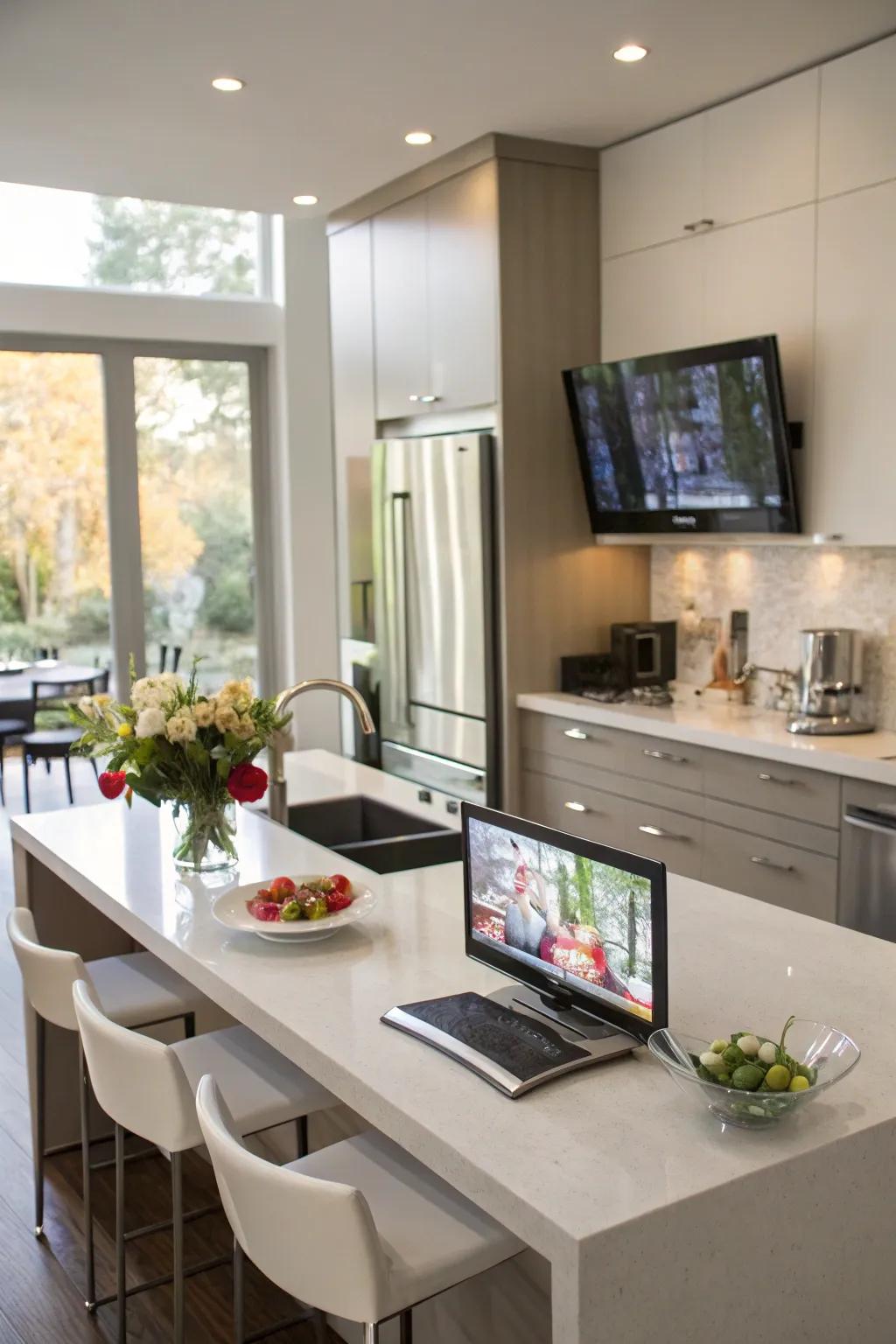 A pop-up TV in the kitchen, adding a modern and tech-savvy element.