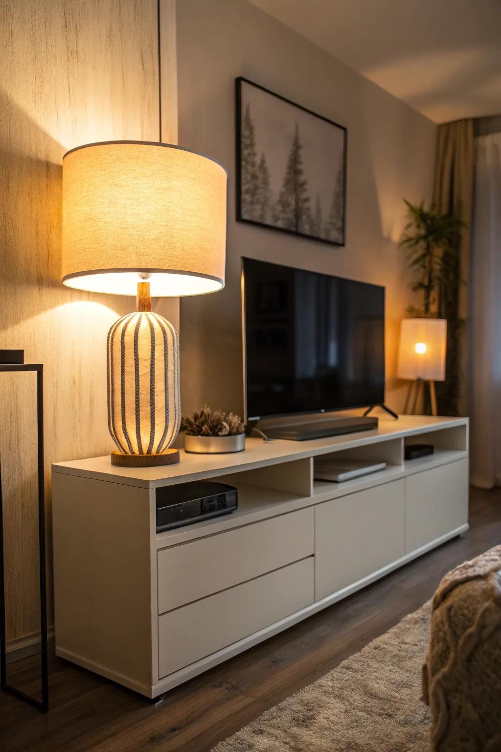 Ambient lighting enhances the warmth of TV stand decor.