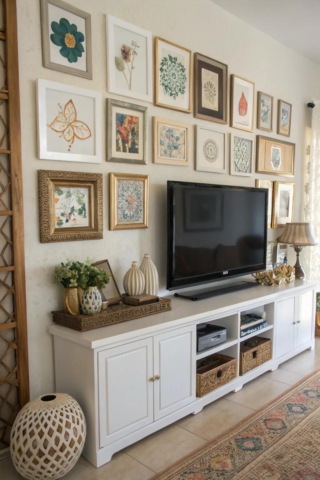 Artwork adds a personal touch to this TV wall.