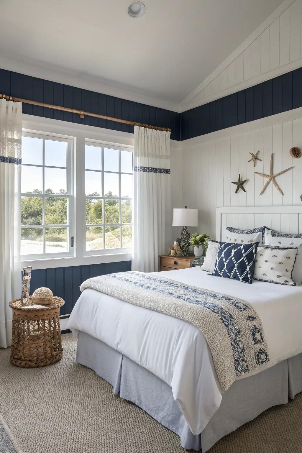 Navy and white walls invoke a serene coastal atmosphere.