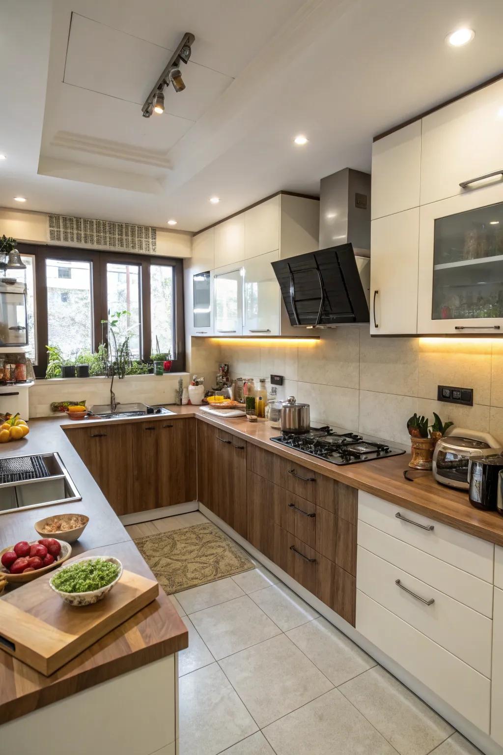 Different countertop heights help define specific areas within the kitchen.