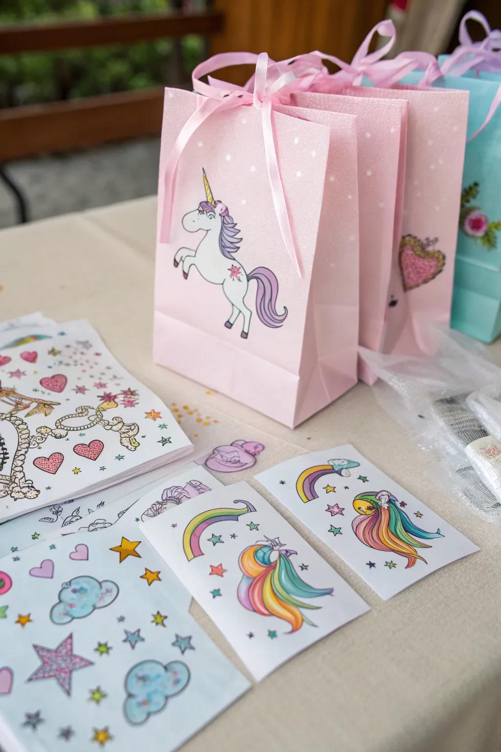 Unicorn favor bags with playful temporary tattoos.