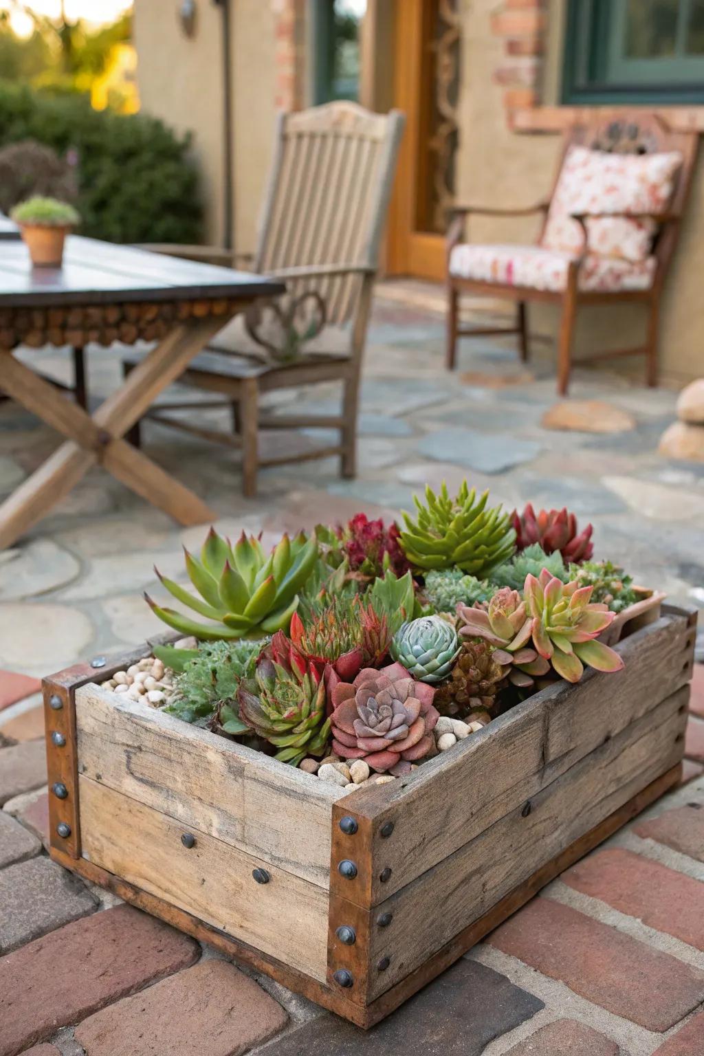 Rustic wooden crates serve as versatile succulent planters.