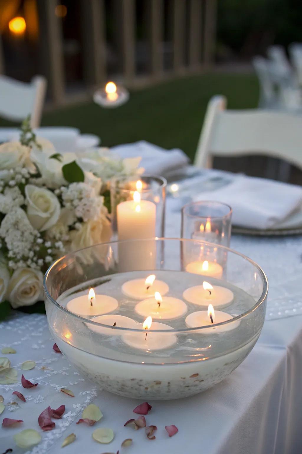 Floating candles add an enchanting twist to this unity candle table.