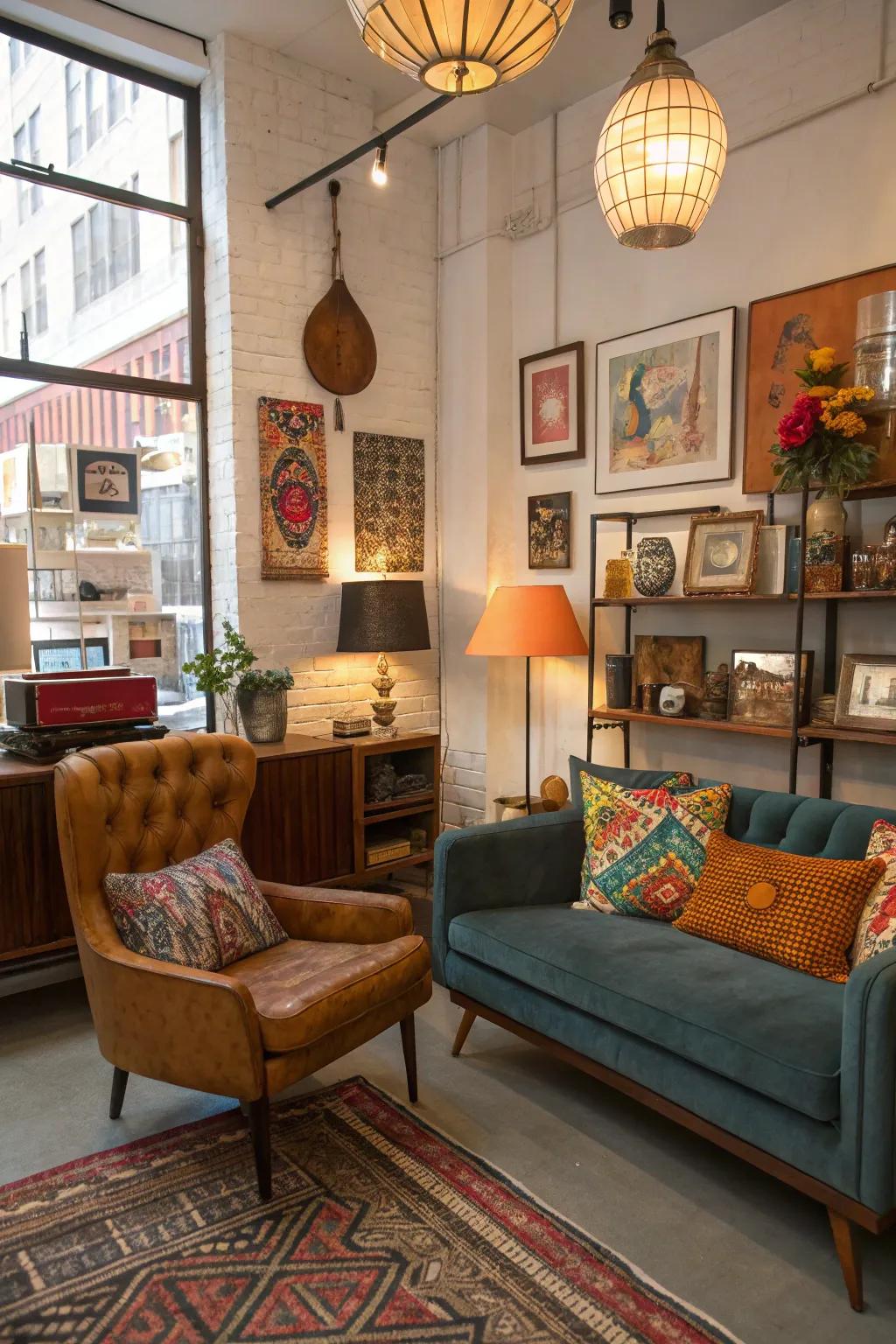 Eclectic decor showcases personal style in urban spaces.