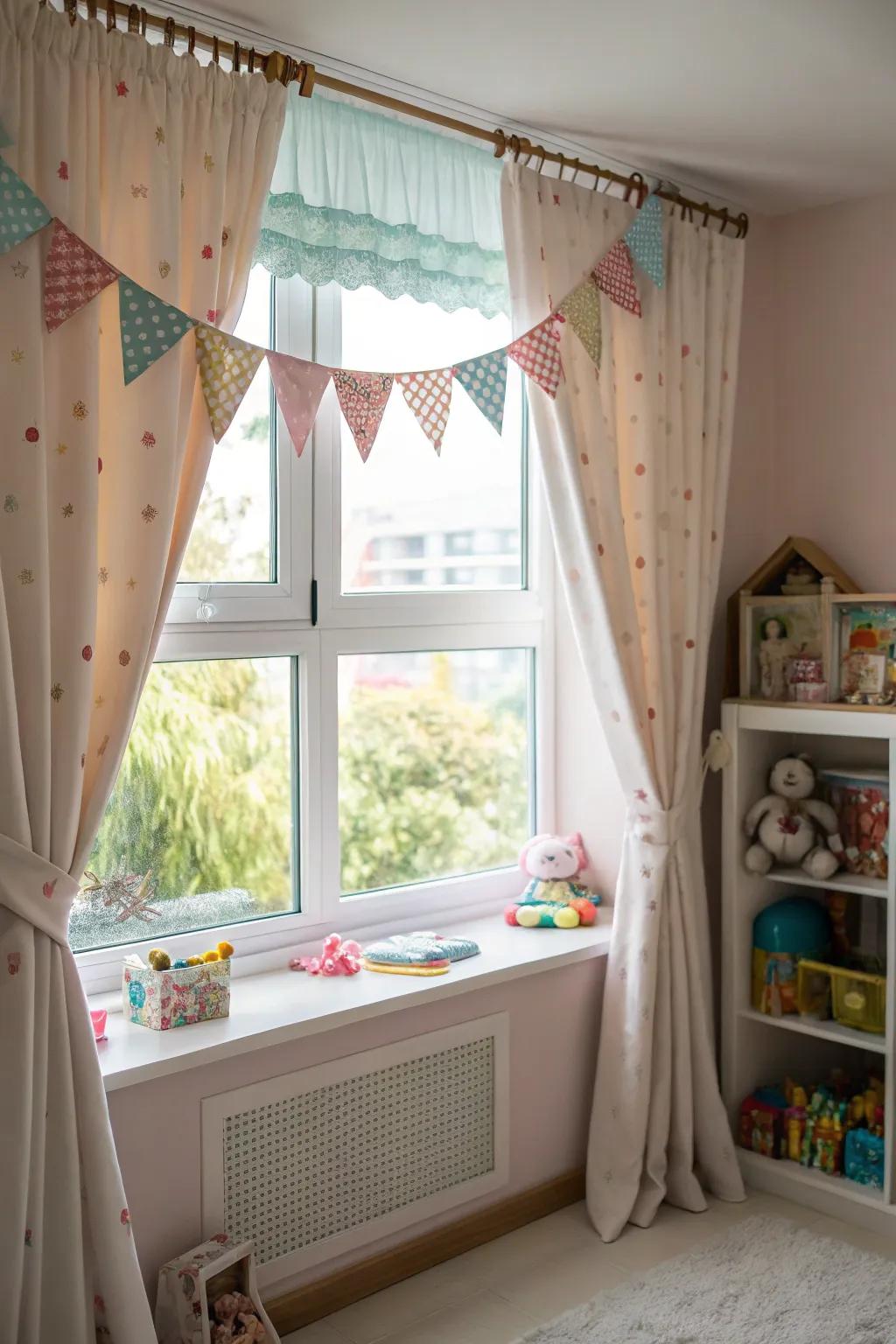 A window with a wavy-shaped valance in a playful nursery.