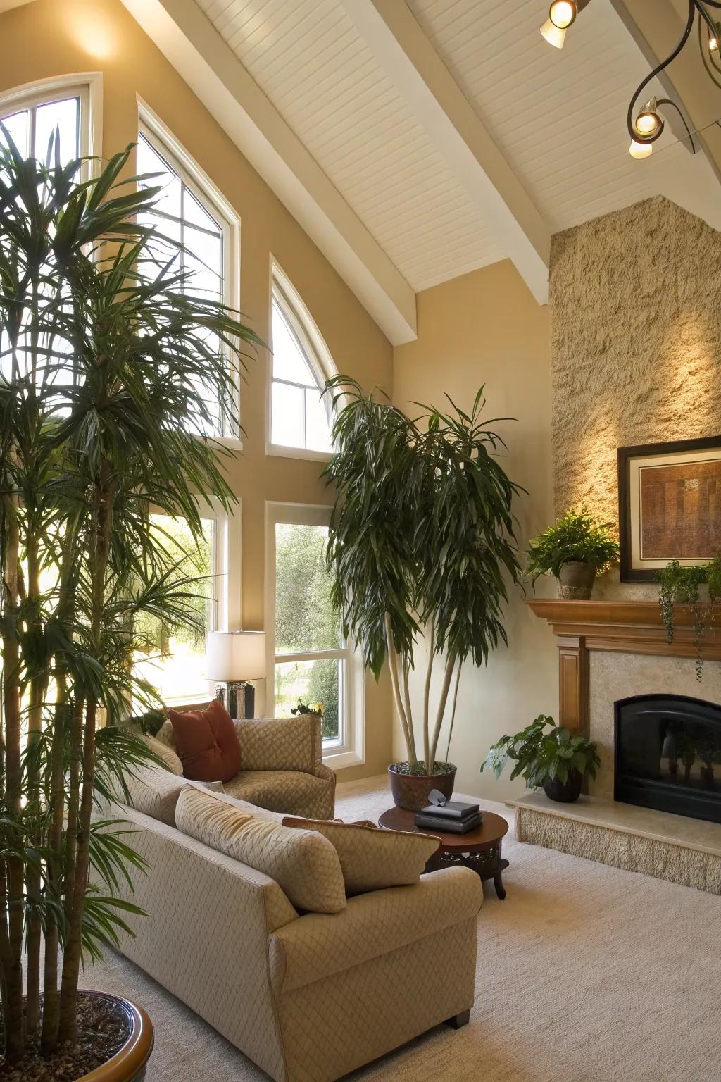 Living room with vaulted ceiling and greenery accentuating the wall