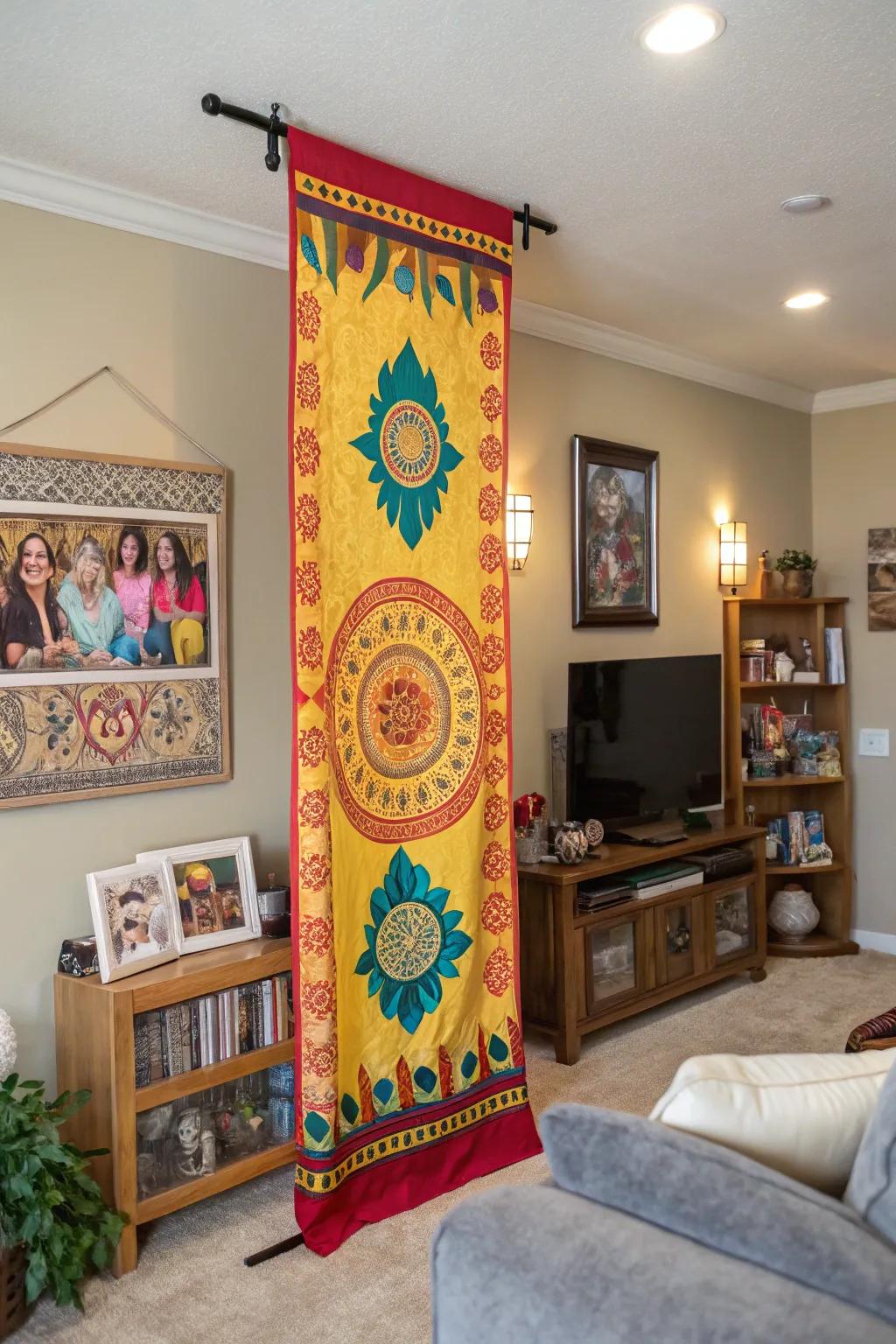 Cultural patterns on a vertical banner add depth and character to a family room.