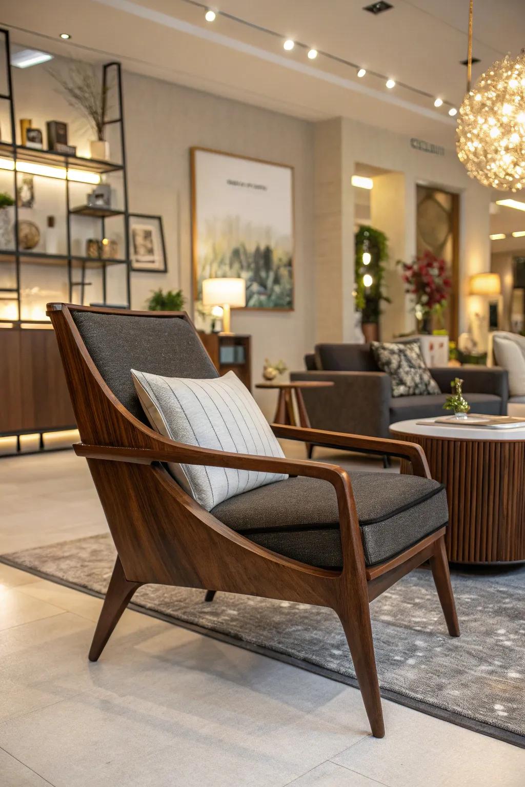 A mid-century modern chair adding sleekness to a stylish living room.